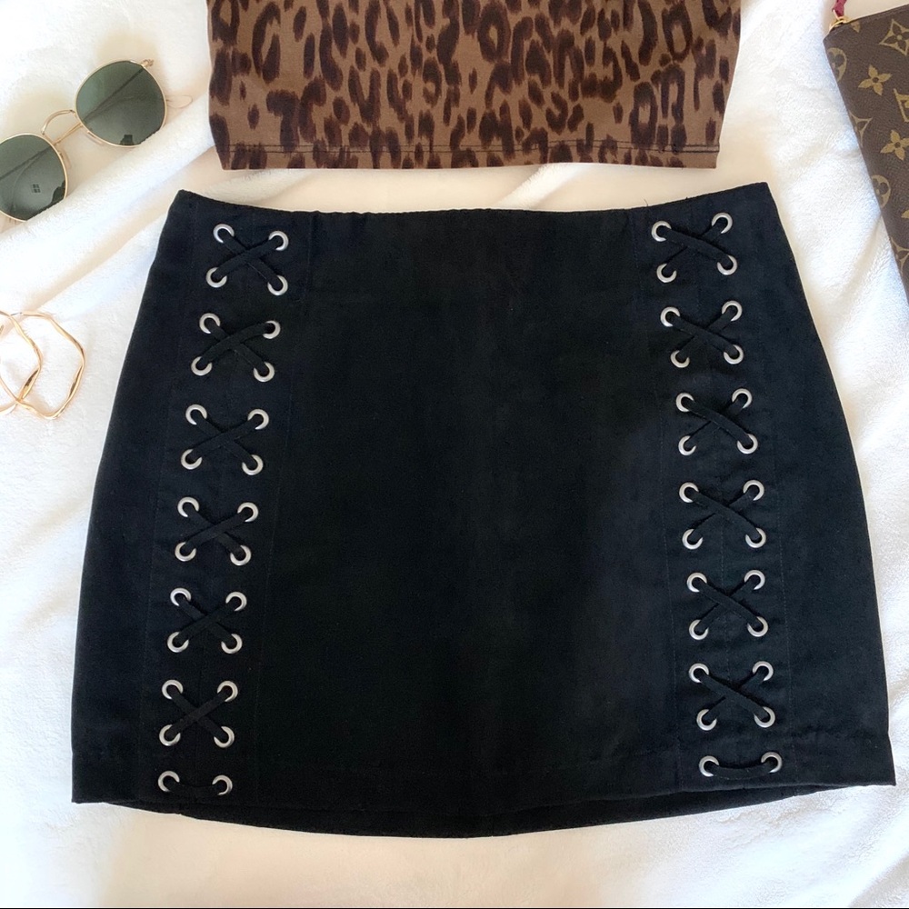 Faux Suede Lace-Up Mini Skirt | Black